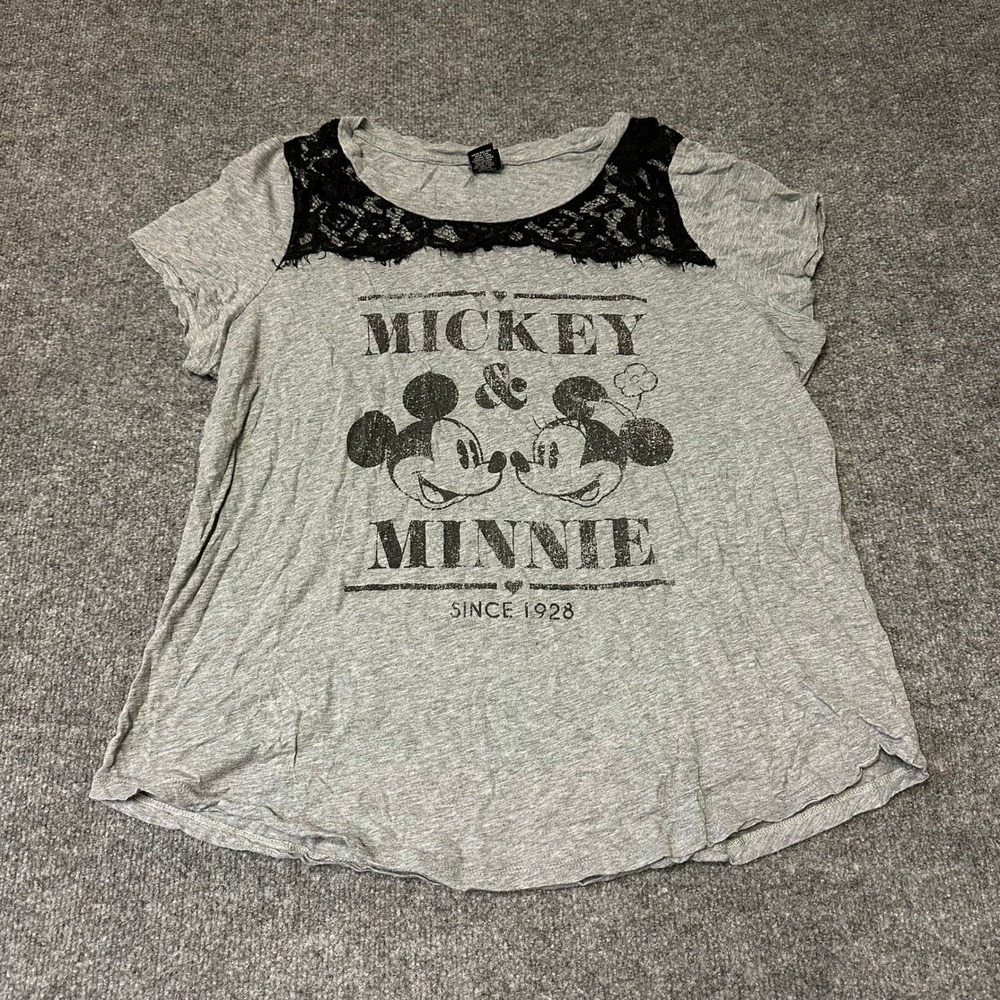 Disney T-Shirt Womens Size 0 Gray Cotton Modal Mickey Minnie Mouse Lace Yoke Tee